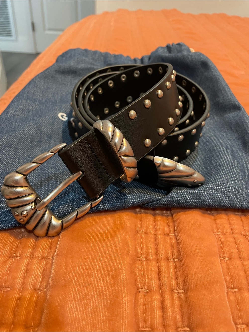 Good American studded black vegan leather belt womens